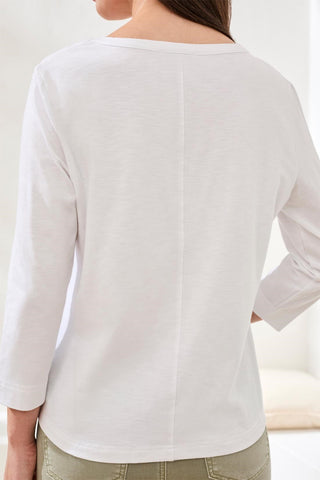 Slub Knit 3/4 Sleeve Scoop Neck Top With Buttons-White