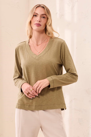 Slub Knit Long Sleeve V-Neck Top-Aloe