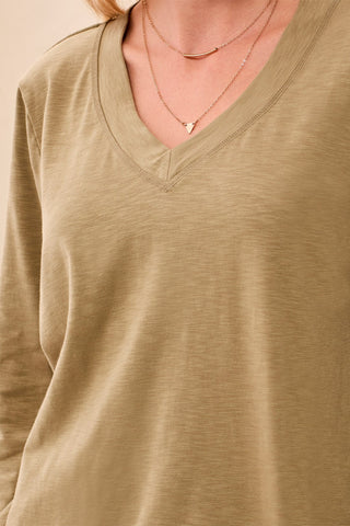 Slub Knit Long Sleeve V-Neck Top-Aloe