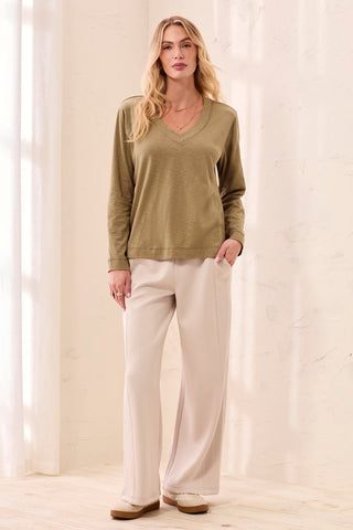 Slub Knit Long Sleeve V-Neck Top-Aloe