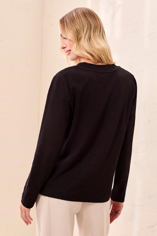 Haut À Col En V En Tricot Flammé À Manches Longues-Noir
