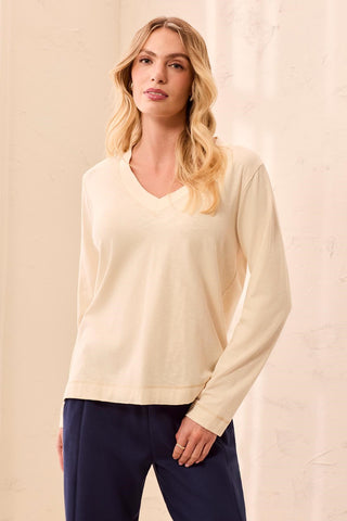 Slub Knit Long Sleeve V-Neck Top-Moonstone