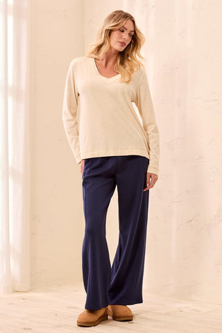 Slub Knit Long Sleeve V-Neck Top-Moonstone