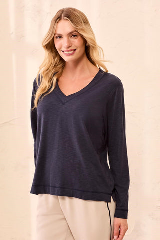 Slub Knit Long Sleeve V-Neck Top-Sapphire