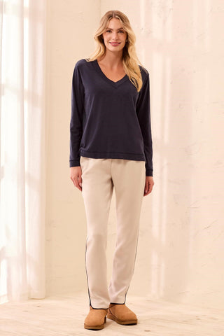 Slub Knit Long Sleeve V-Neck Top-Sapphire