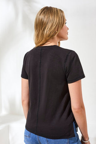 Slub Knit V-Neck Top With Double Trim Detail-Black