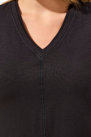 Slub Knit V-Neck Top With Double Trim Detail-Black