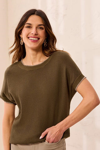 Soft Cotton Blend Cap Sleeve Top With Topstitch-Basil