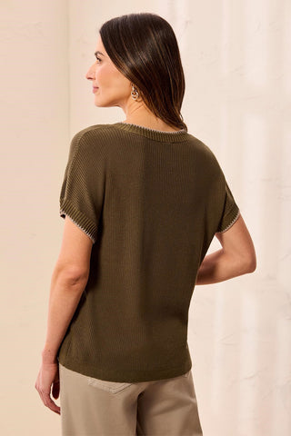 Soft Cotton Blend Cap Sleeve Top With Topstitch-Basil