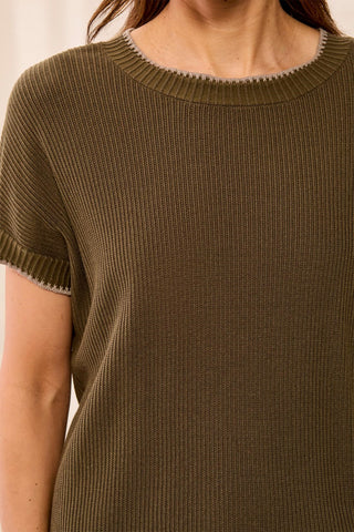 Soft Cotton Blend Cap Sleeve Top With Topstitch-Basil