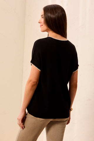Soft Cotton Blend Cap Sleeve Top With Topstitch-Black
