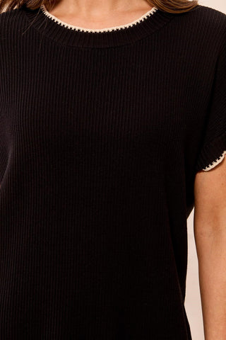 Soft Cotton Blend Cap Sleeve Top With Topstitch-Black