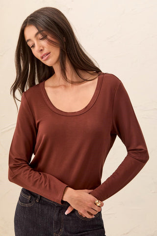 Soft French Terry Scoop Neck Long Sleeve Top-Rusticbrown