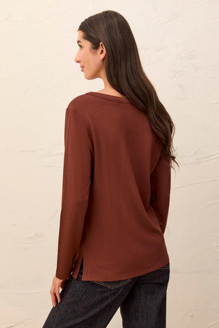 Soft French Terry Scoop Neck Long Sleeve Top-Rusticbrown