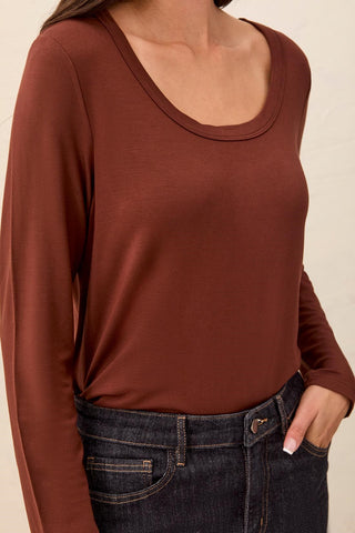 Soft French Terry Scoop Neck Long Sleeve Top-Rusticbrown