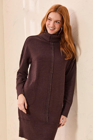 Soft French Terry Turtleneck Long Sleeve Knit Dress-Saddlebrown