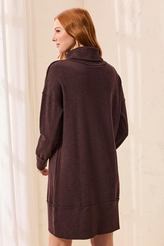 Soft French Terry Turtleneck Long Sleeve Knit Dress-Saddlebrown