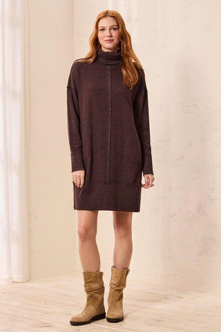 Soft French Terry Turtleneck Long Sleeve Knit Dress-Saddlebrown