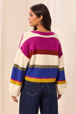 Soft Knit Drop Shoulder V-Neck Cardigan-Cream multi
