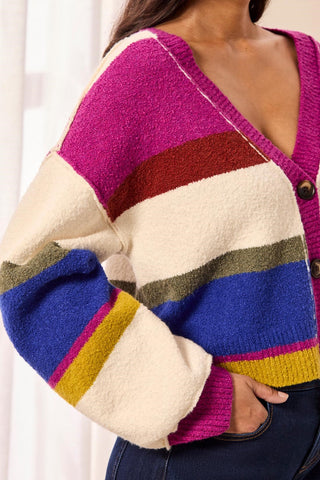 Soft Knit Drop Shoulder V-Neck Cardigan-Cream multi