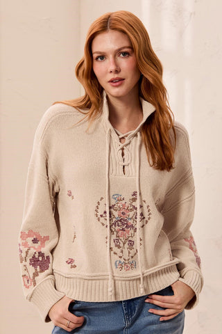 Pull En Tricot Doux À Lacets Avec Broderies Florales-Chantilly
