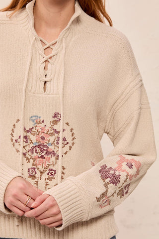 Pull En Tricot Doux À Lacets Avec Broderies Florales-Chantilly