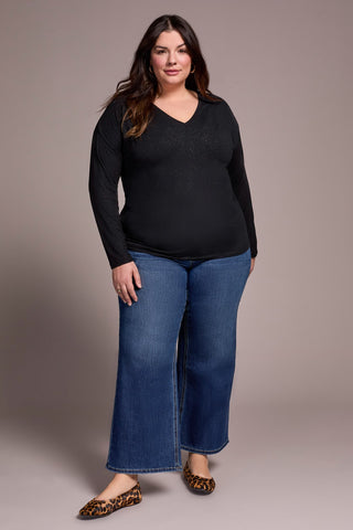 Soft Shine Effect V-Neck Drop Shoulder Top-Black