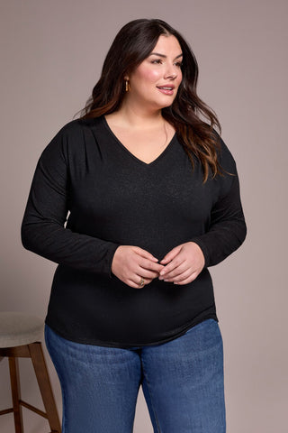 Soft Shine Effect V-Neck Drop Shoulder Top-Black