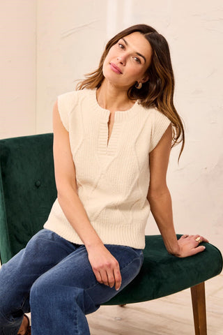 Soft Split Crew Neck Sleeveless Sweater-Cream