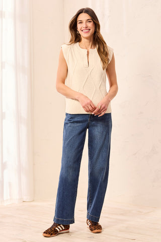 Soft Split Crew Neck Sleeveless Sweater-Cream