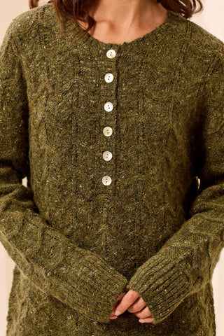 Soft Textured Scallop Hem Henley Sweater-M cedar green