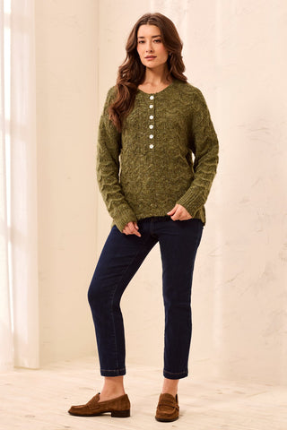 Soft Textured Scallop Hem Henley Sweater-M cedar green