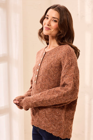 Soft Textured Scallop Hem Henley Buttoned Sweater-M chocolate