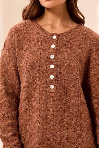 Soft Textured Scallop Hem Henley Buttoned Sweater-M chocolate