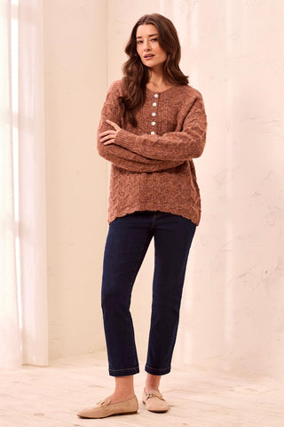 Soft Textured Scallop Hem Henley Buttoned Sweater-M chocolate