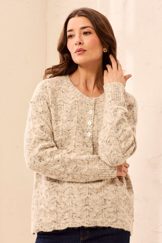 Soft Textured Scallop Hem Henley Buttoned Sweater-M cream