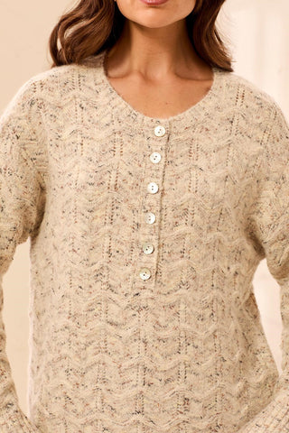 Soft Textured Scallop Hem Henley Buttoned Sweater-M cream
