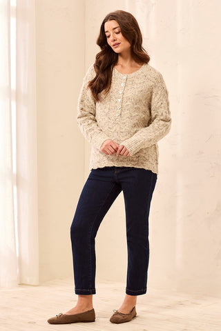 Soft Textured Scallop Hem Henley Buttoned Sweater-M cream