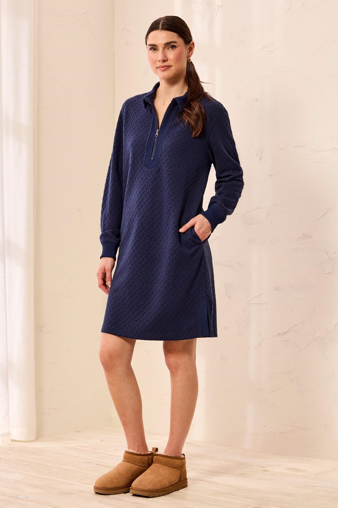 Soft-Touch Textured Quarter-Zip Collared Knit Dress-Jet blue – Tribal® Fashion