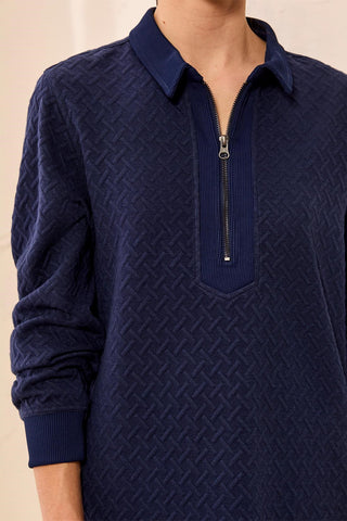 Soft-Touch Textured Quarter-Zip Collared Knit Dress-Jet blue