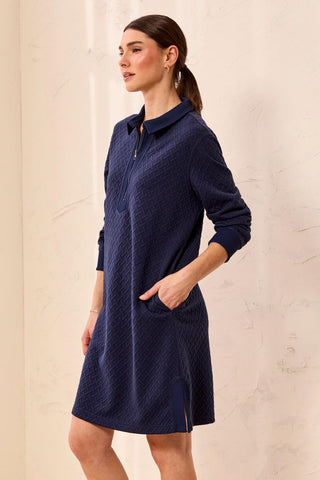 Soft-Touch Textured Quarter-Zip Collared Knit Dress-Jet blue