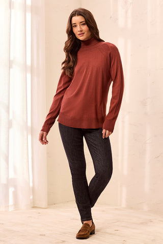 Soft Viscose Blend Long Sleeve Mock Turtleneck Sweater-Henna