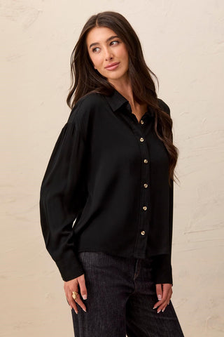 Soft Viscose Drop Shoulder Button Front Collared Blouse-Black