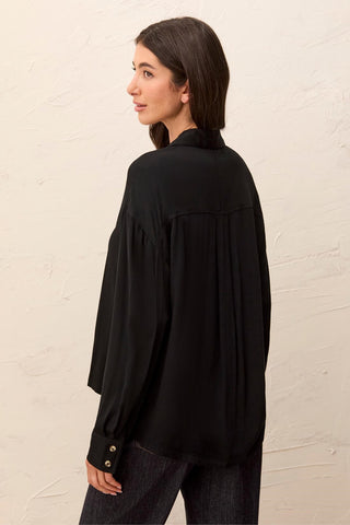 Soft Viscose Drop Shoulder Button Front Collared Blouse-Black