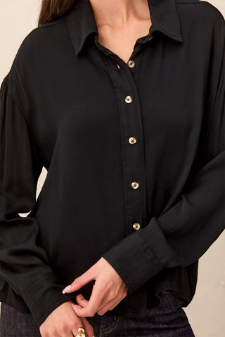 Soft Viscose Drop Shoulder Button Front Collared Blouse-Black