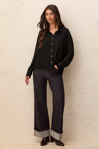 Soft Viscose Drop Shoulder Button Front Collared Blouse-Black