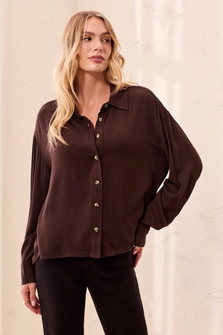 Soft Viscose Drop Shoulder Button Front Collared Blouse-Hickory