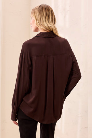 Soft Viscose Drop Shoulder Button Front Collared Blouse-Hickory