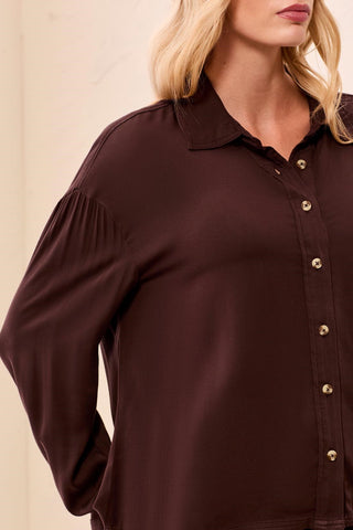 Soft Viscose Drop Shoulder Button Front Collared Blouse-Hickory