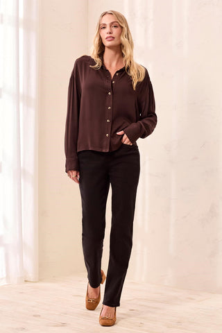 Soft Viscose Drop Shoulder Button Front Collared Blouse-Hickory